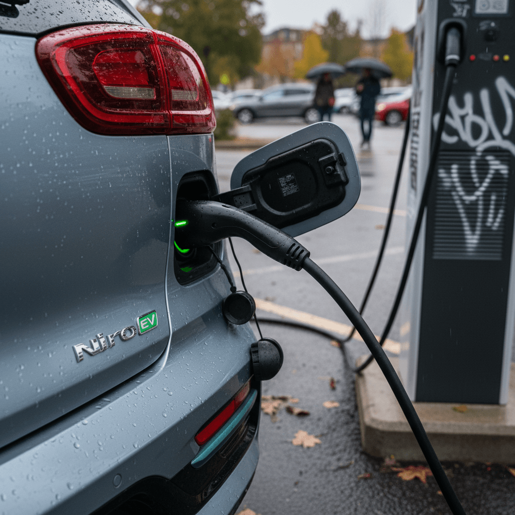 Kia Niro EV charging at a public station with focus on rear badge and charge port