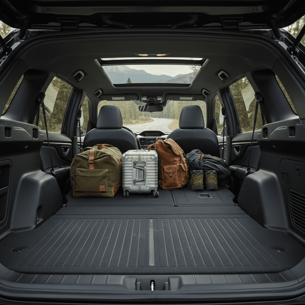 Subaru Solterra rear cargo area with second row folded flat, packed with suitcases and camping gear
