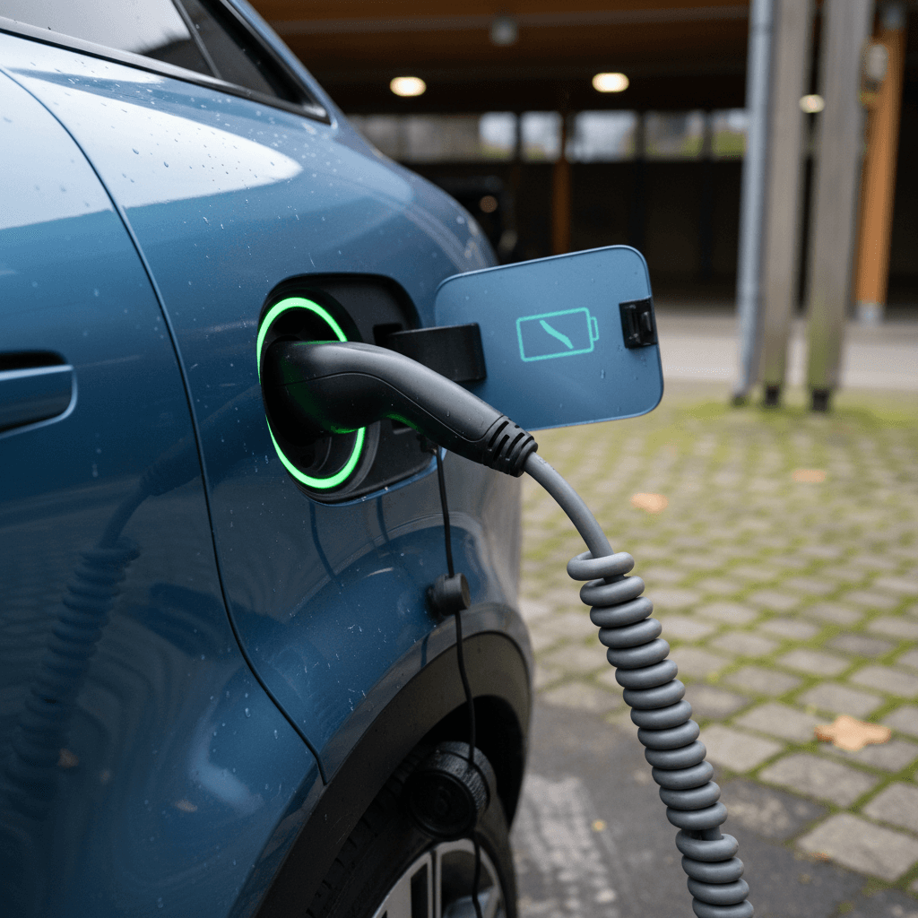 Family charging an electric vehicle in a home driveway using a Level 2 charger