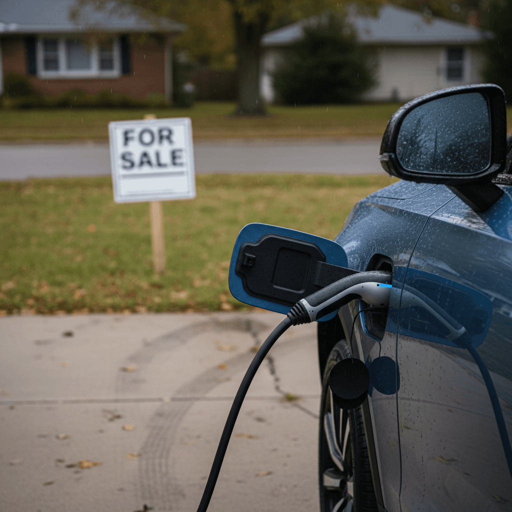 Volvo EX90 electric SUV plugged in at a home charger, parked in a driveway with a for-sale sign nearby