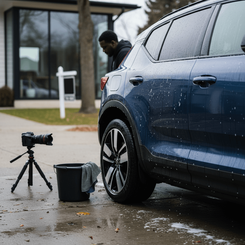 Owner carefully detailing and photographing a Volvo EX40 electric SUV in a driveway before listing it for sale