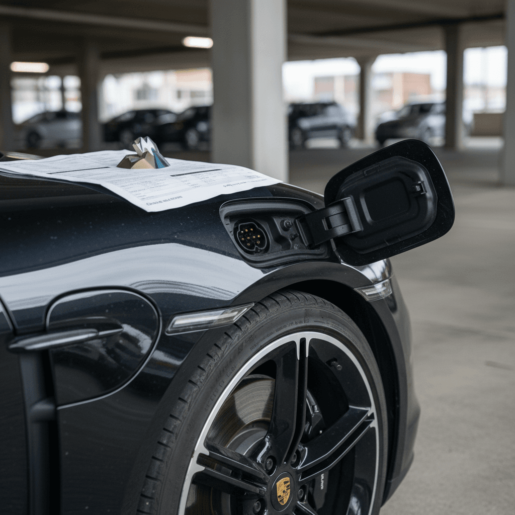 Seller reviewing battery health and resale value report for a 2022 Porsche Taycan while the car charges