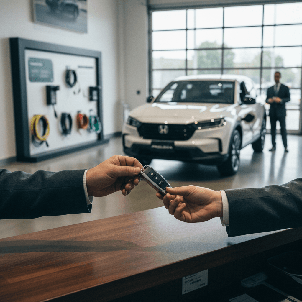 Owner handing Honda Prologue keys to staff at an EV-focused dealership showroom