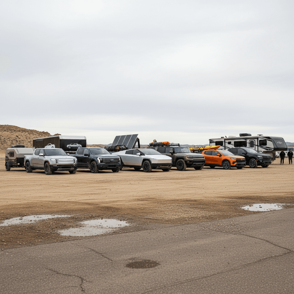 Lineup of electric trucks and SUVs parked with various trailers attached, showing size and hitch differences