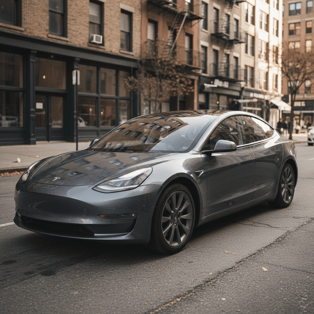 Tesla Model 3 driving on a city street, a popular choice on the used EV market
