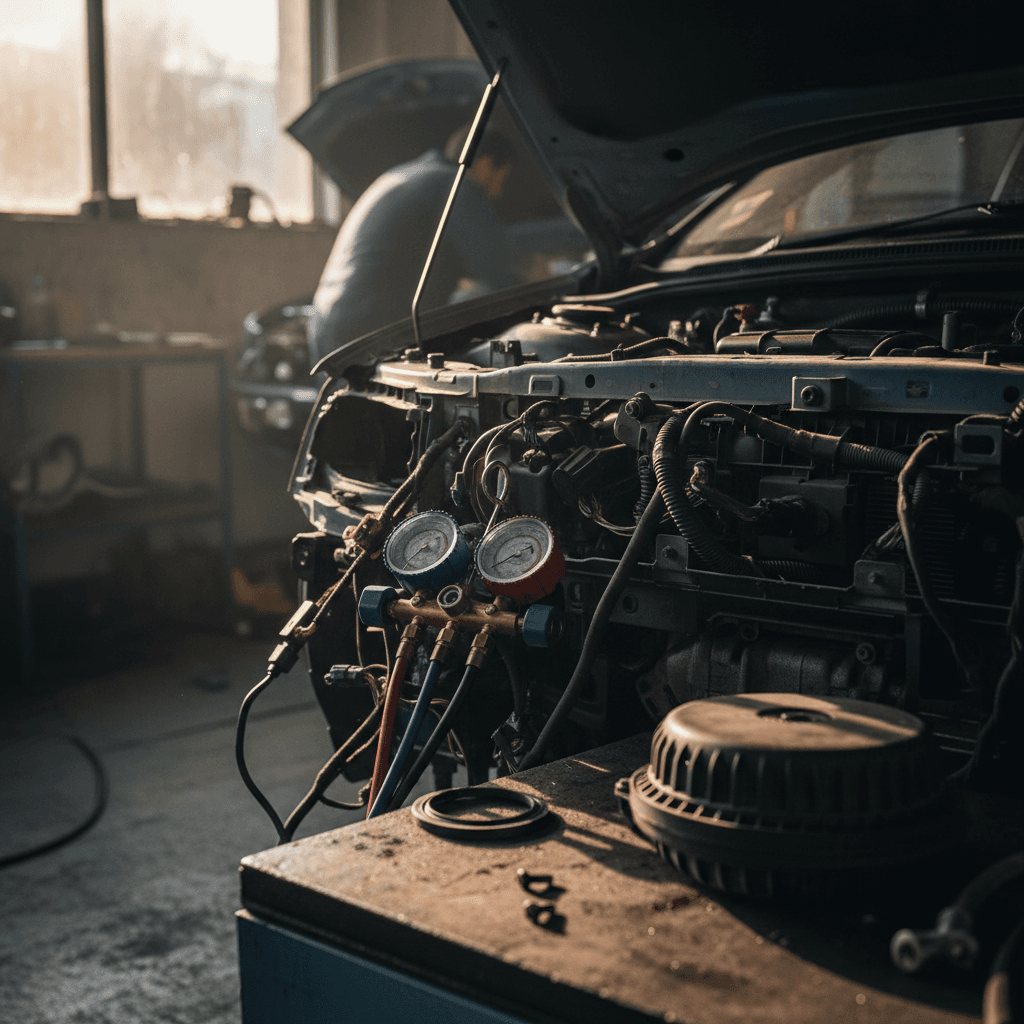 Closeup of a car dashboard showing cold air from the air conditioning vents