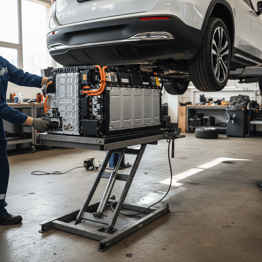 Technician lowering a large high-voltage battery pack from a Mercedes EQB on a lift in an EV service bay