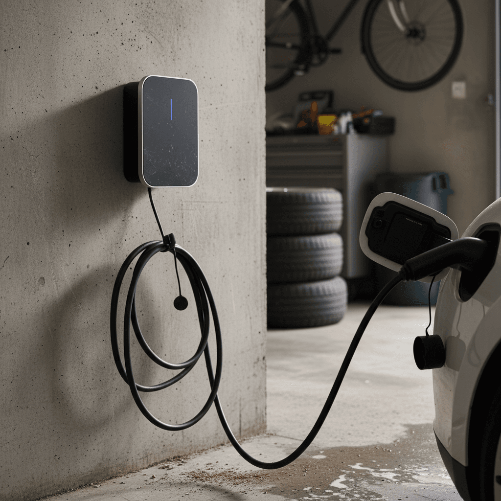 Electric vehicle charging on a Level 2 wallbox in a home garage