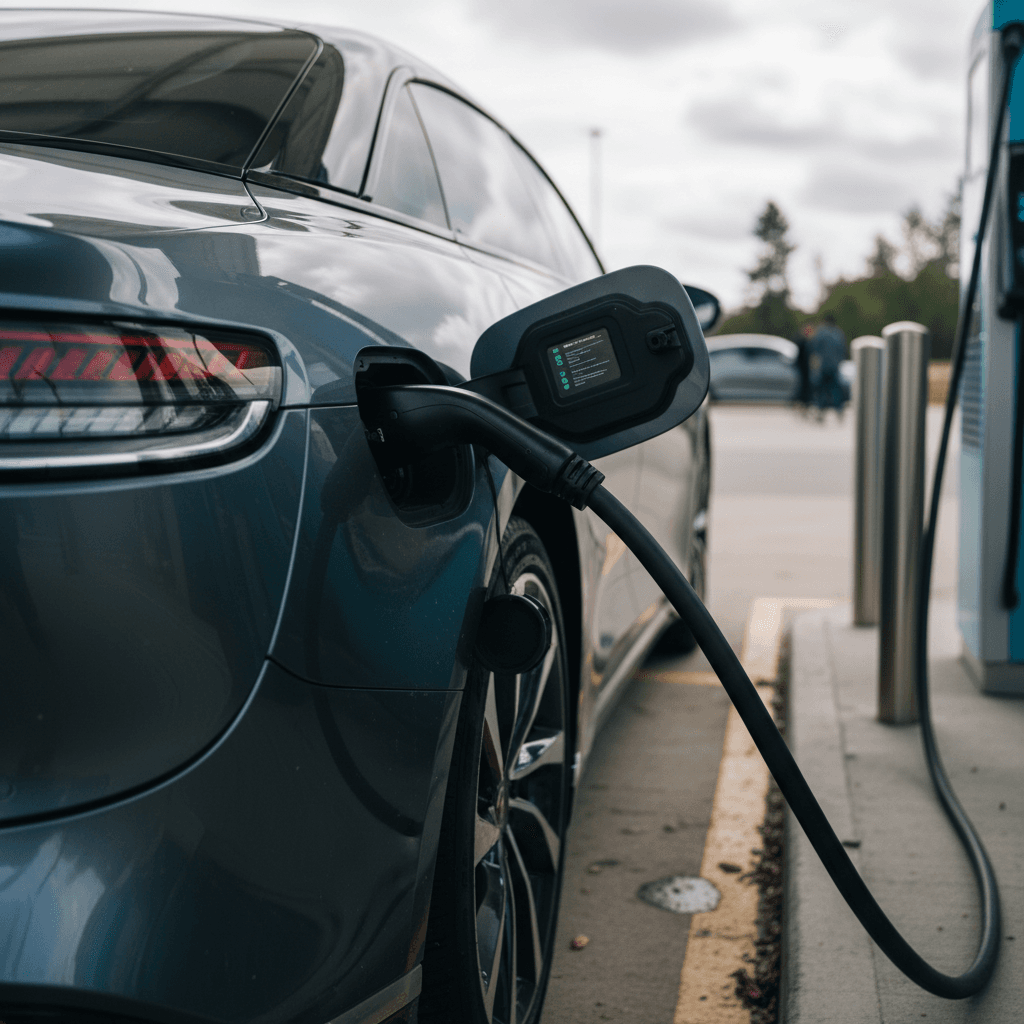 Lucid Air charging at a highway fast charging station while the driver relaxes inside