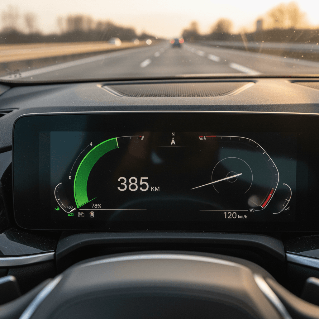Close-up of a 2023 Cadillac Lyriq digital cluster showing remaining range and real-time energy use graph