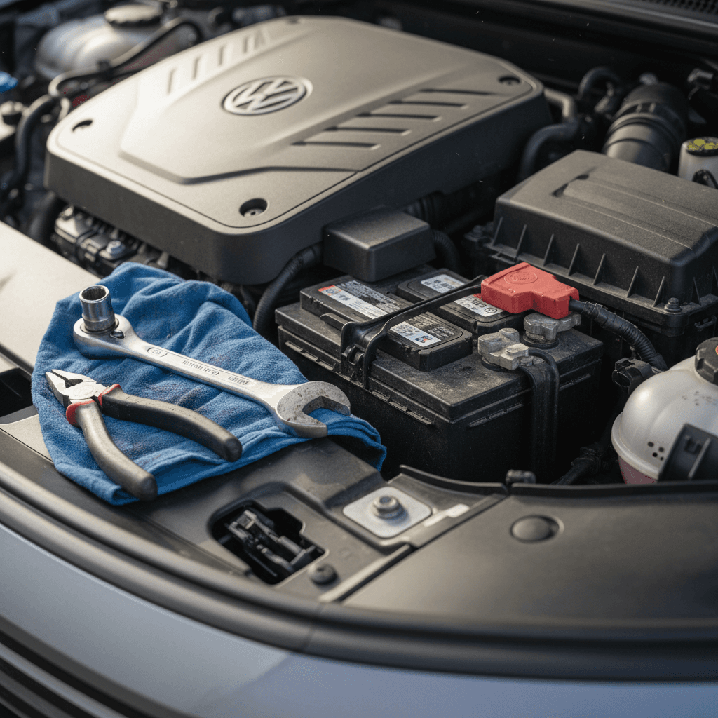 Volkswagen ID.4 front service area showing 12V battery and basic hand tools for replacement