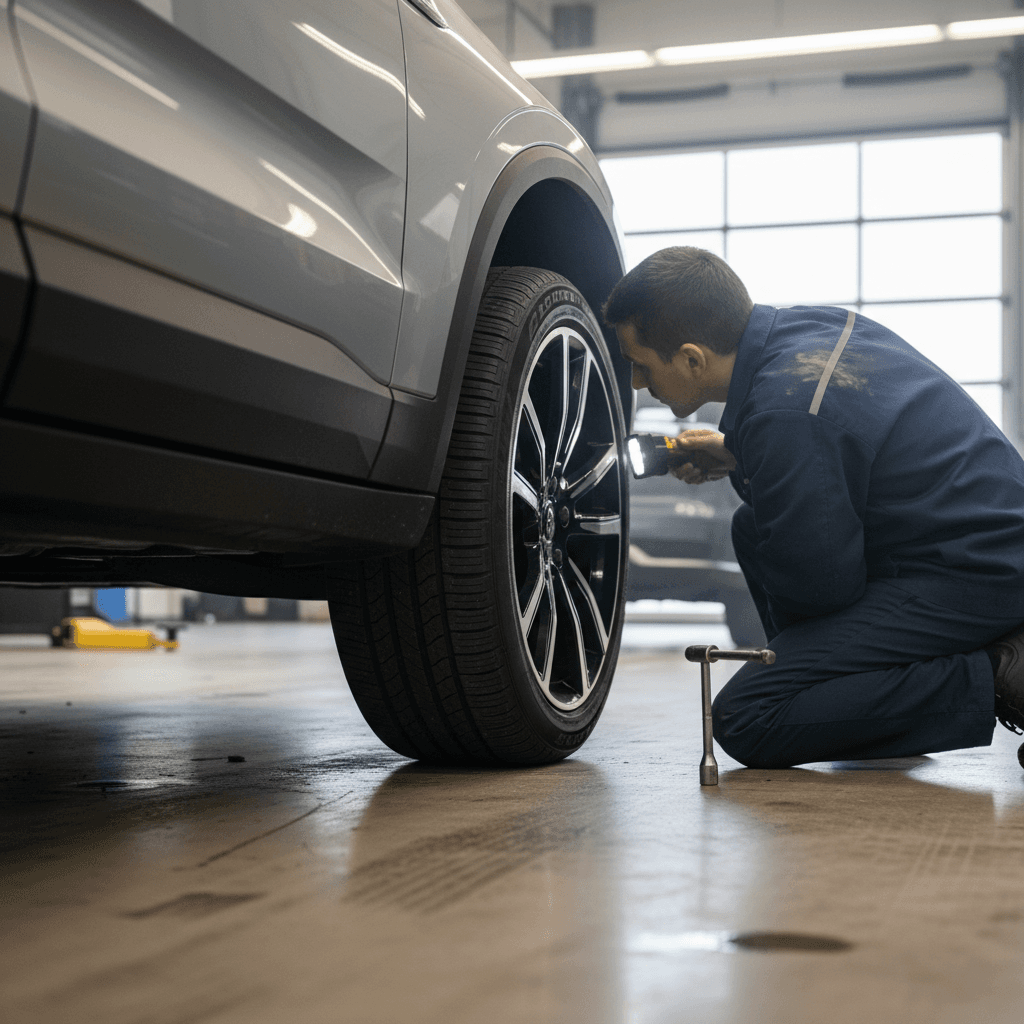 Technician inspecting tires and brakes on a Volvo EX90 during scheduled maintenance