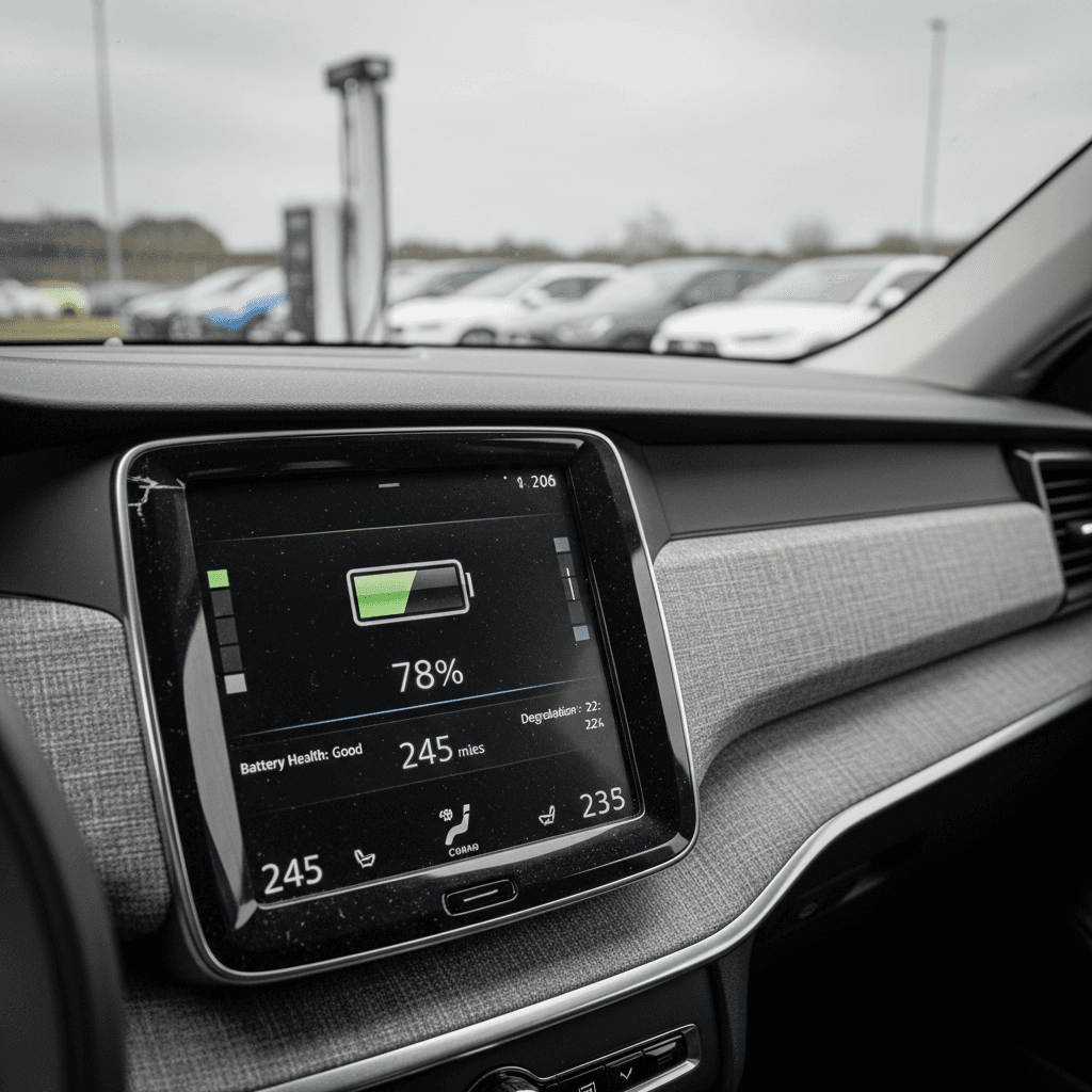 Interior of a 2025 Volvo EX90 showing the central display with battery and range information, emphasizing factors that affect resale value