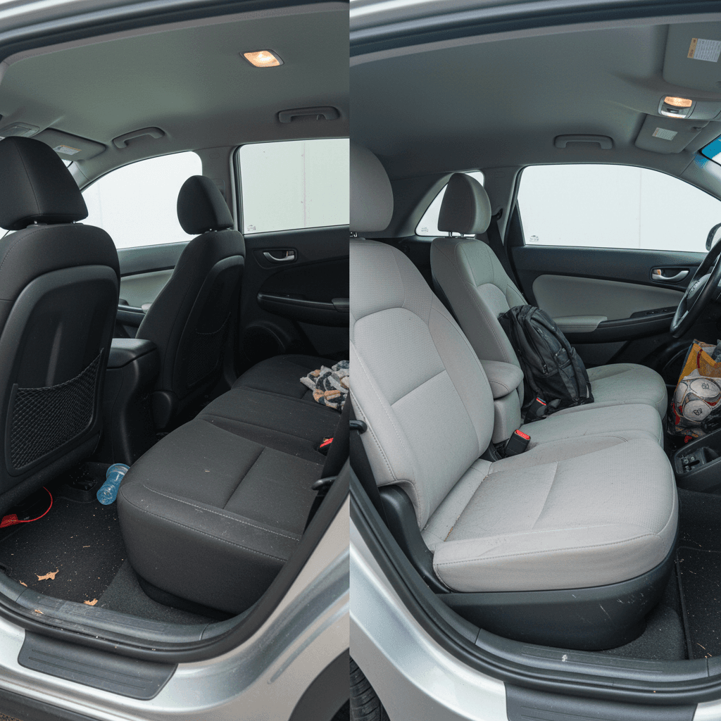 Interior of used Hyundai Kona Electric and Kia Niro EV showing rear seats and cargo areas side by side