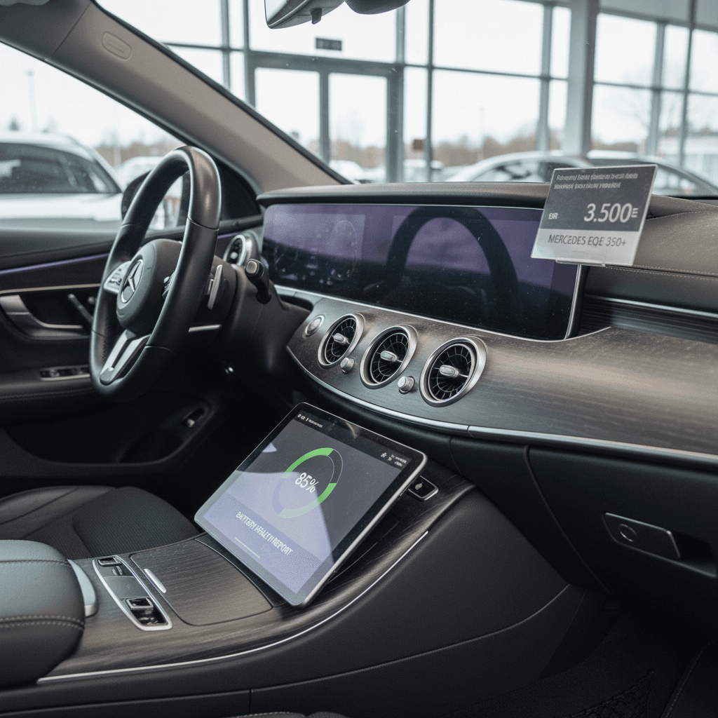 Used Mercedes EQE interior with digital display and a tablet showing a battery health report next to a pricing sheet at a dealership