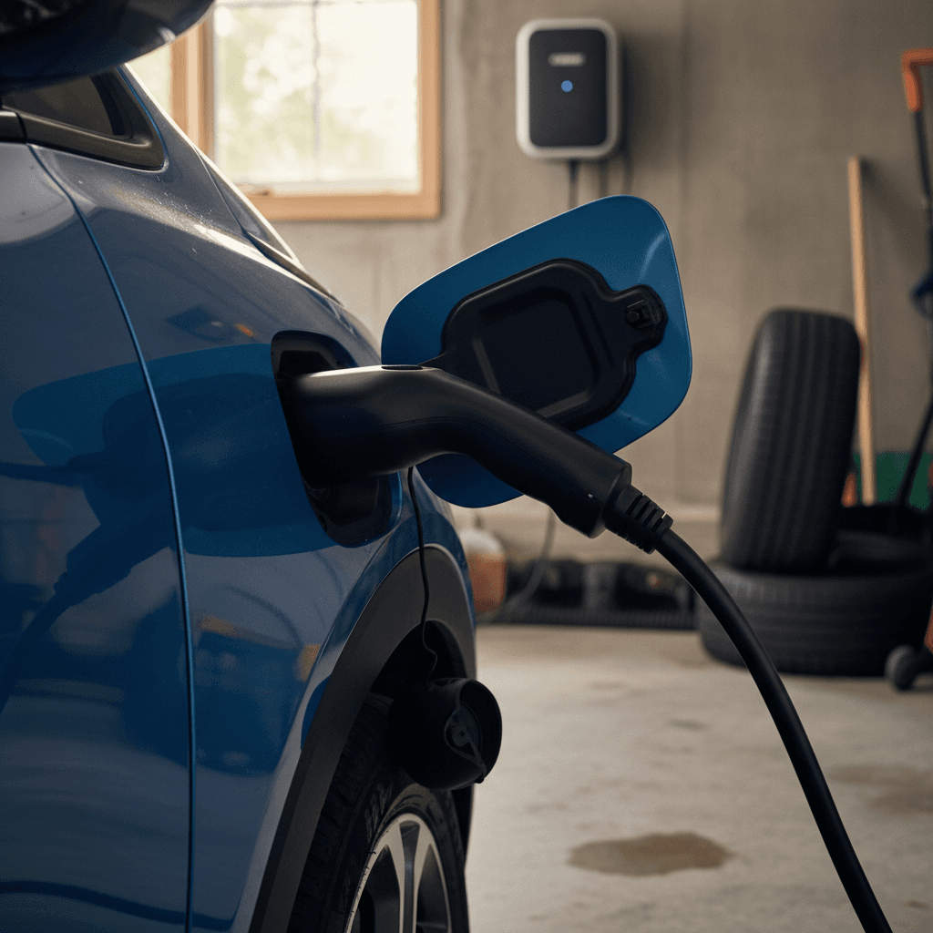 Level 2 wall-mounted home EV charger plugged into a Chevrolet Bolt EUV in a residential garage