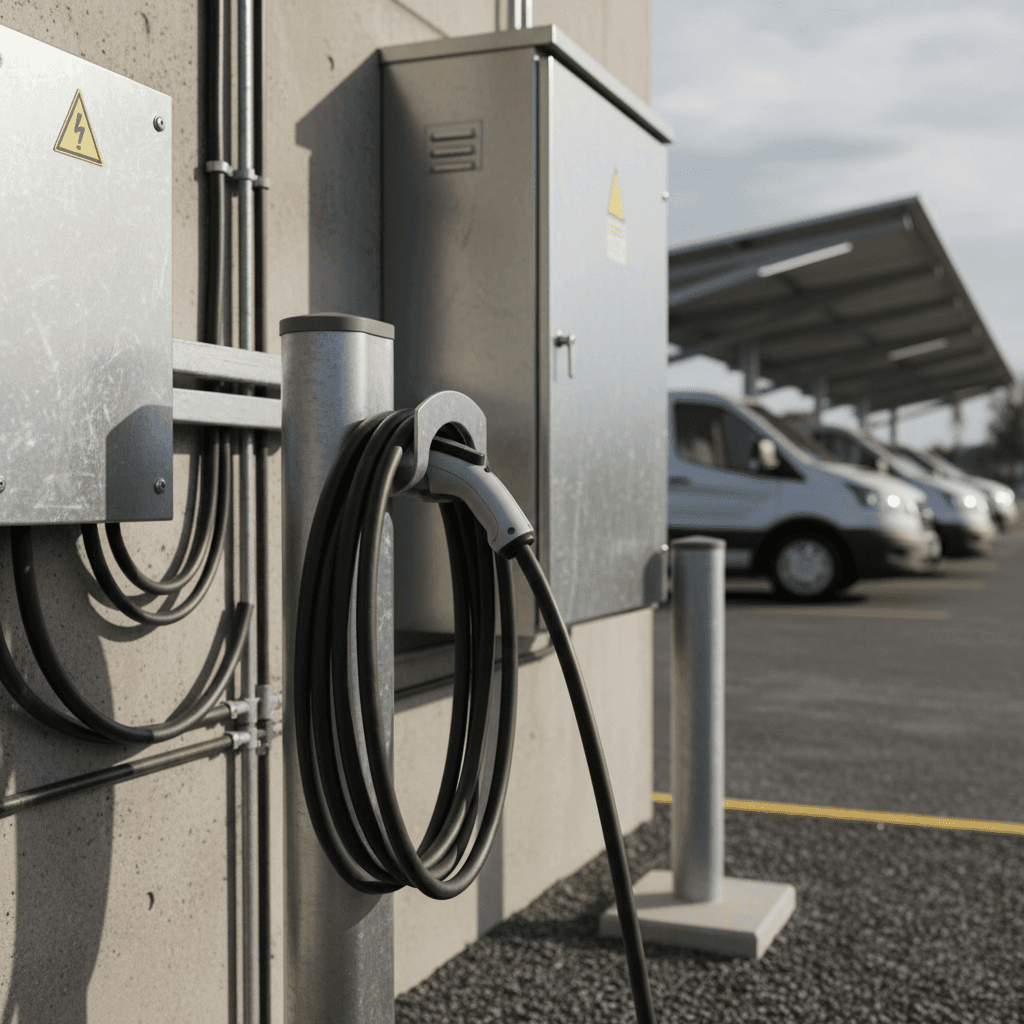Electrician reviews commercial charger plans beside parking lot electrical equipment