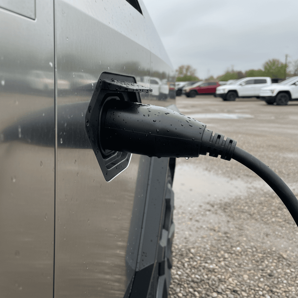 Closeup of a stainless steel electric pickup truck body showing panel gaps and finish