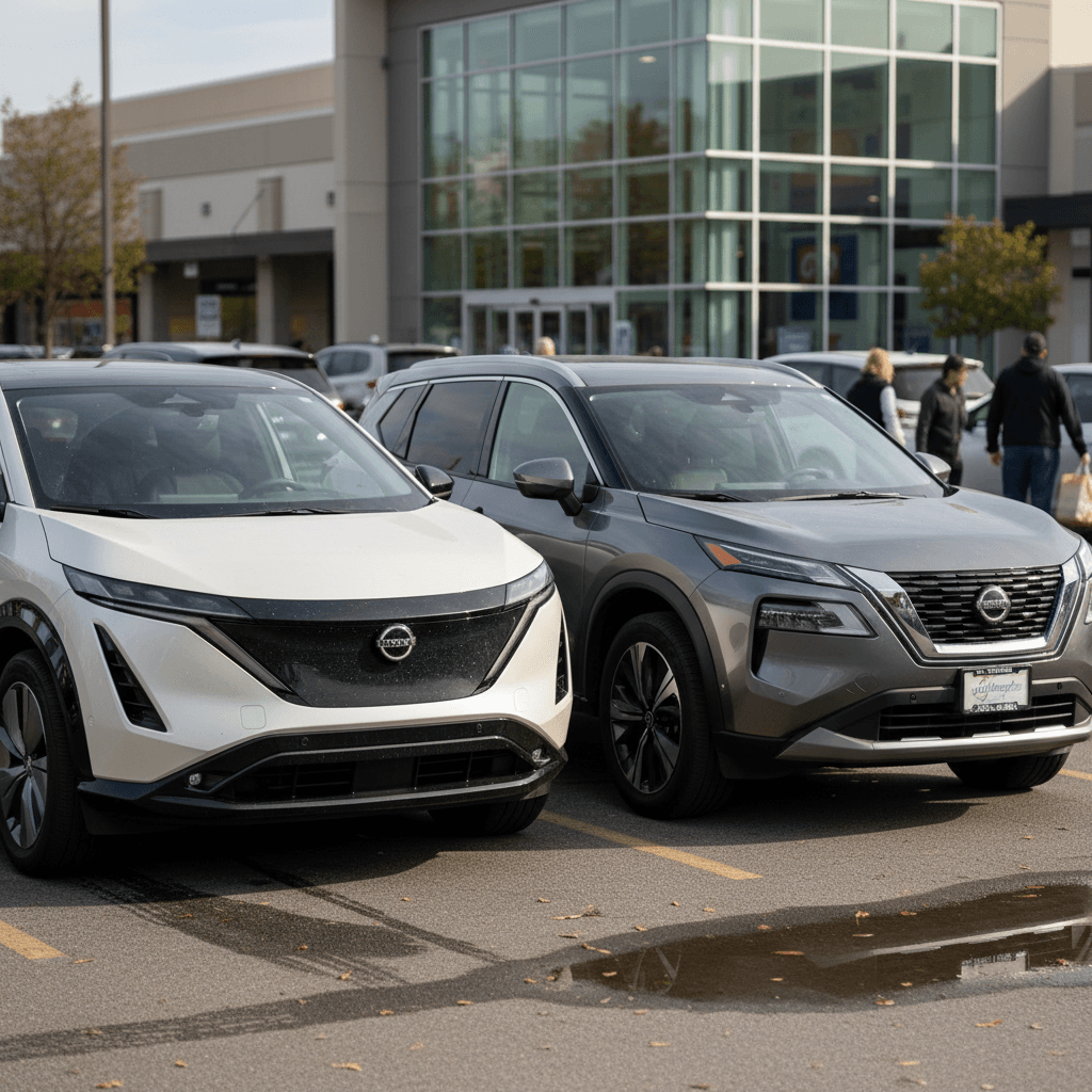 Nissan Ariya and Nissan Rogue parked side by side highlighting size and cargo access differences