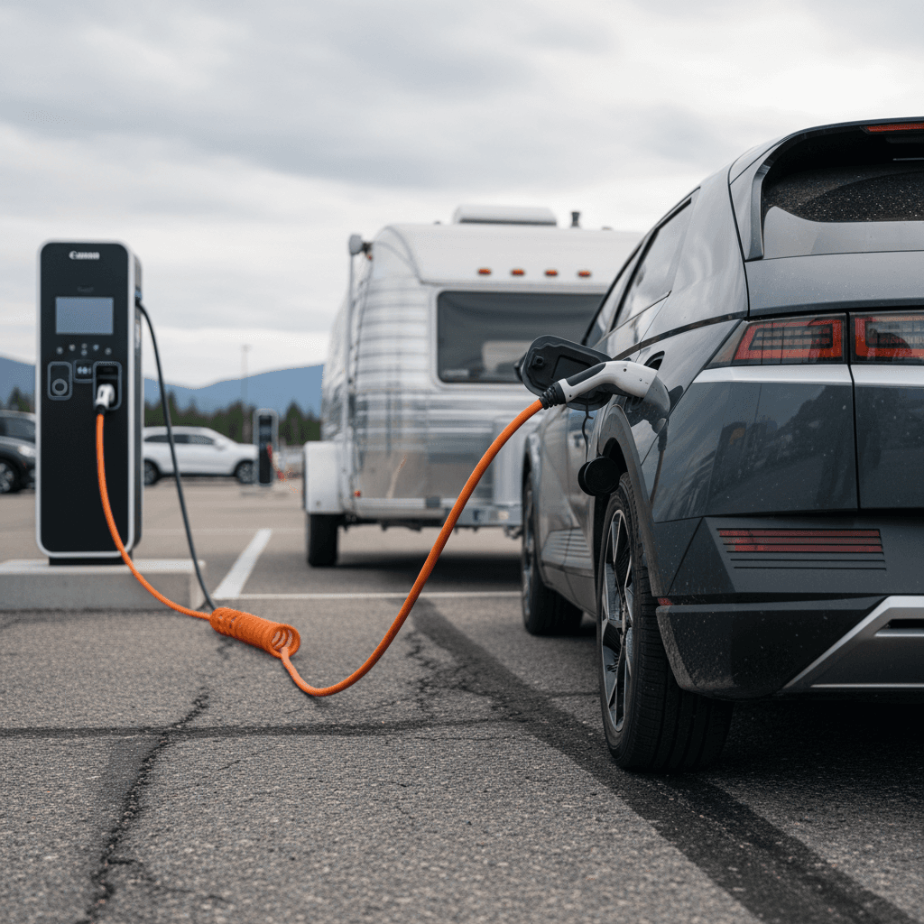 Hyundai Ioniq 5 hitched to a compact travel trailer at a charging station