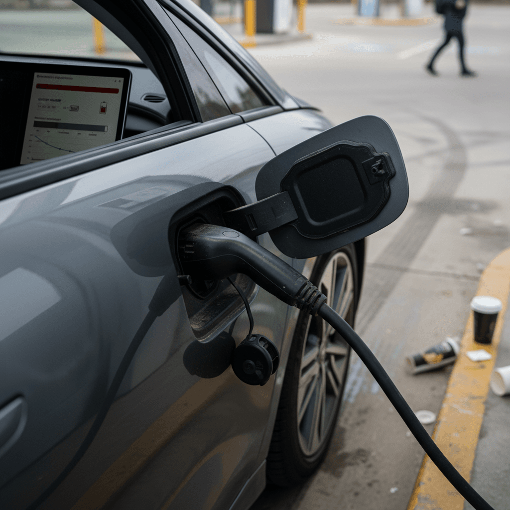 Close-up of a Hyundai Ioniq 6 plugged into a DC fast charger, displaying battery state of charge on the dash
