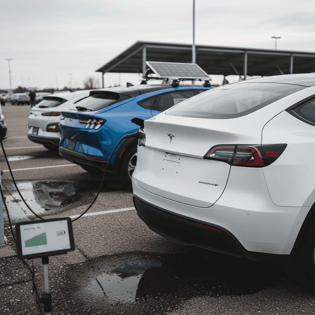 White 2020 Tesla Model Y plugged in at a public charger with the center screen showing remaining range