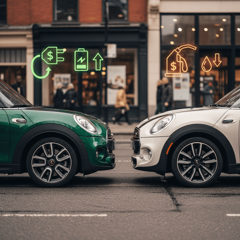 Mini Cooper SE and gas Mini Cooper parked side by side on a city street with cost icons overlayed