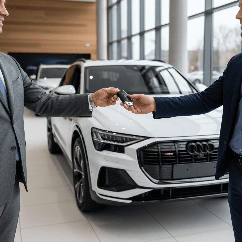 Audi Q8 e-tron owner completing a battery health diagnostic report with an EV specialist before selling