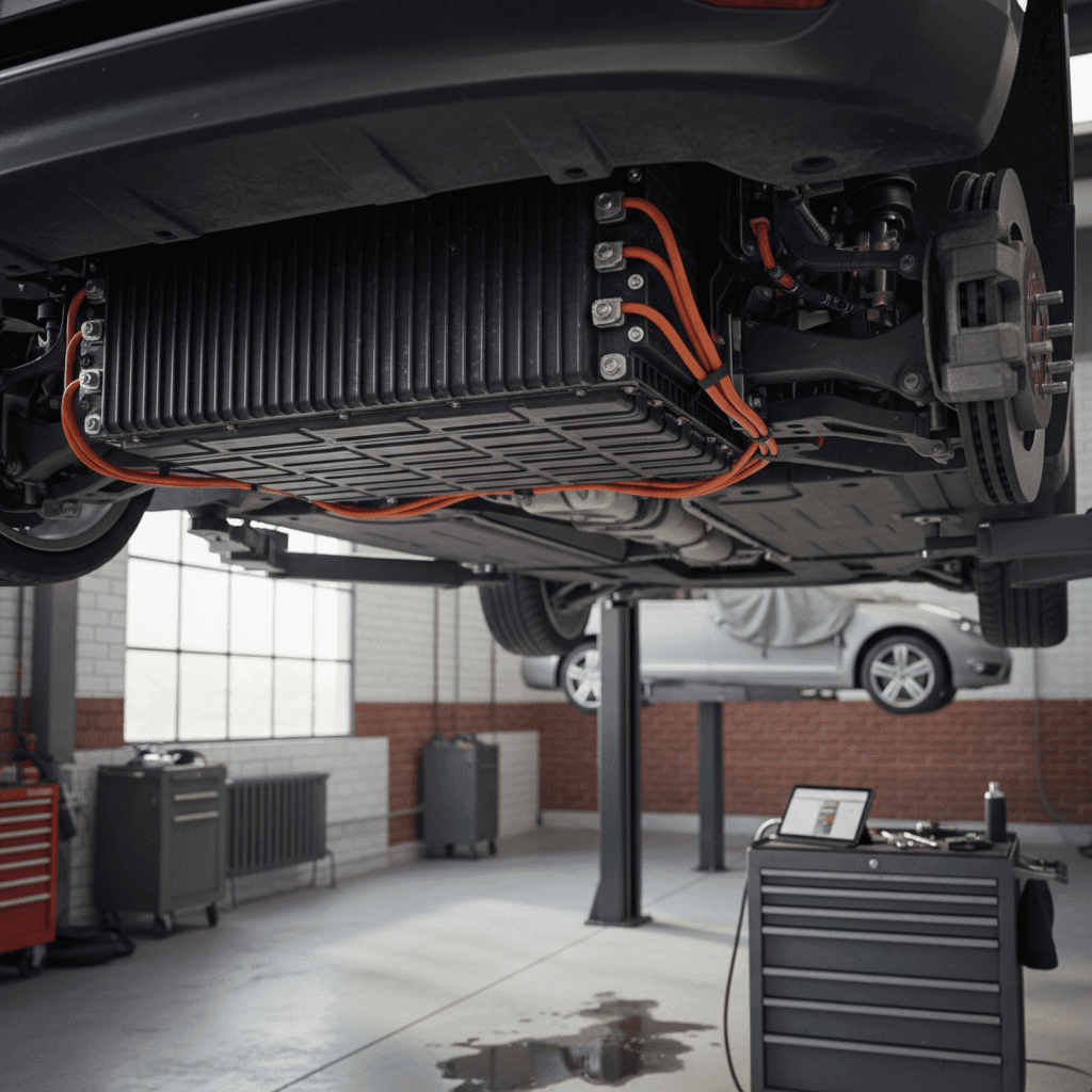 Technician inspecting the battery pack under an electric car in a workshop