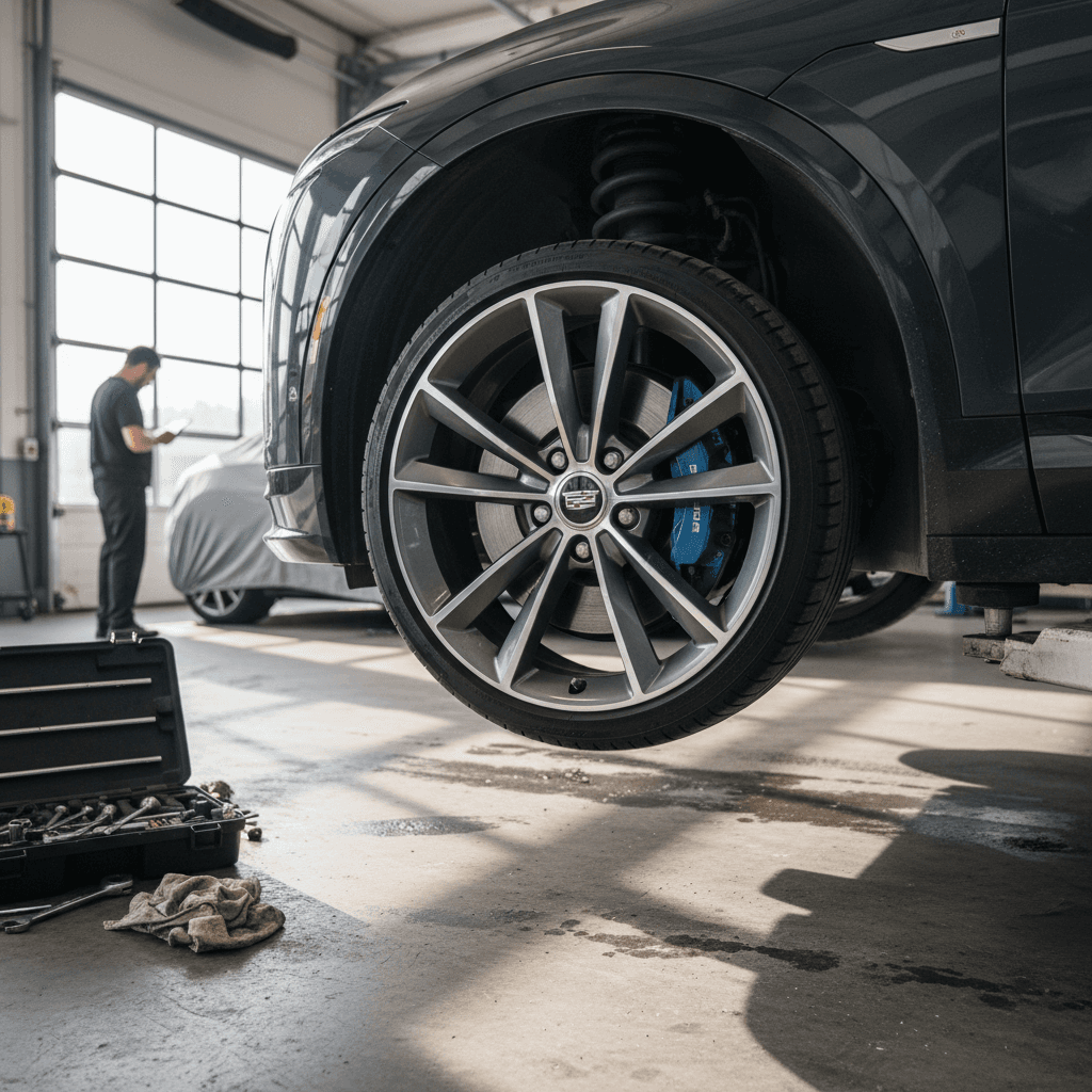 Cadillac Lyriq wheel and brake assembly on a lift while a technician inspects the suspension and brakes
