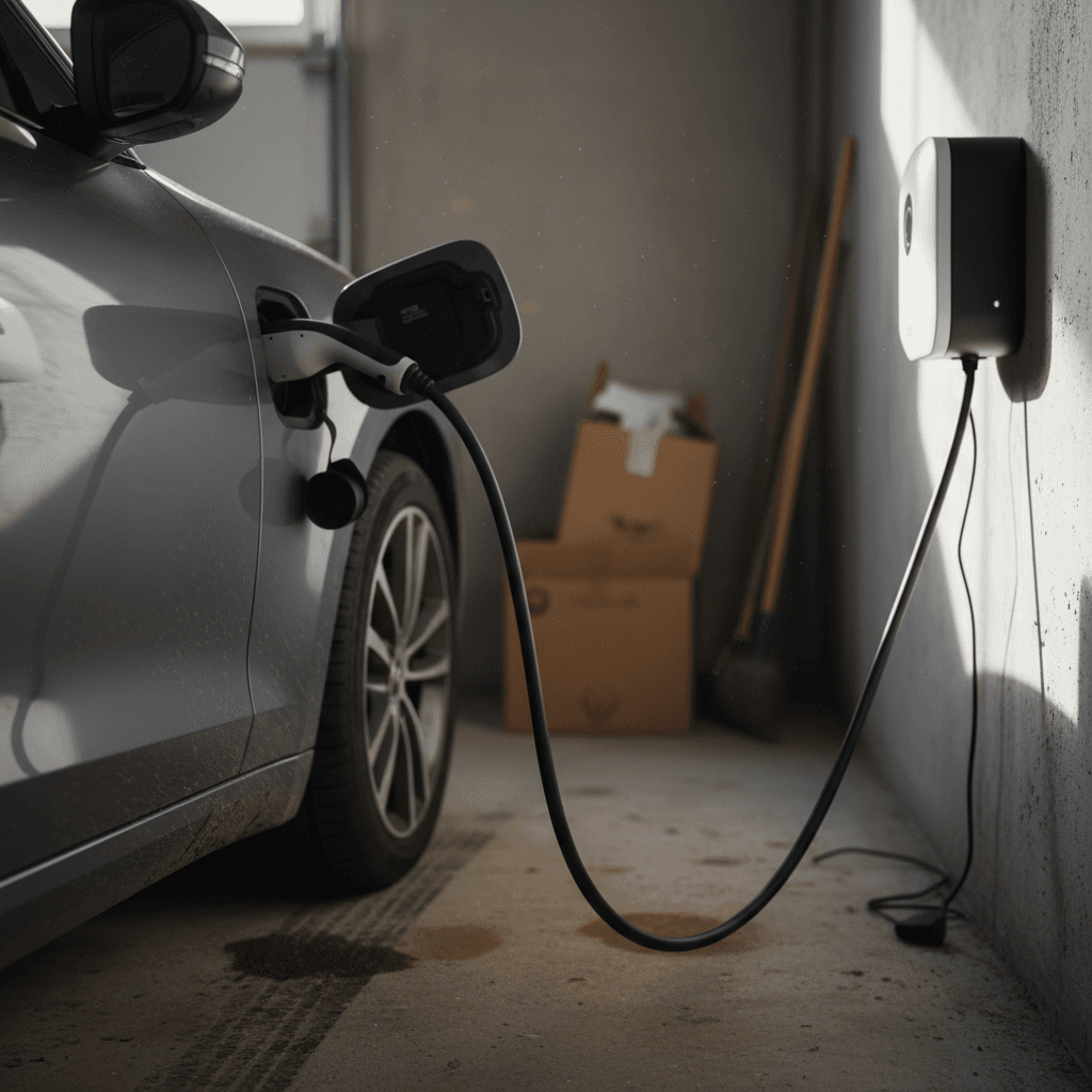 Family-size plug-in hybrid SUV charging at a public charging station in a parking lot