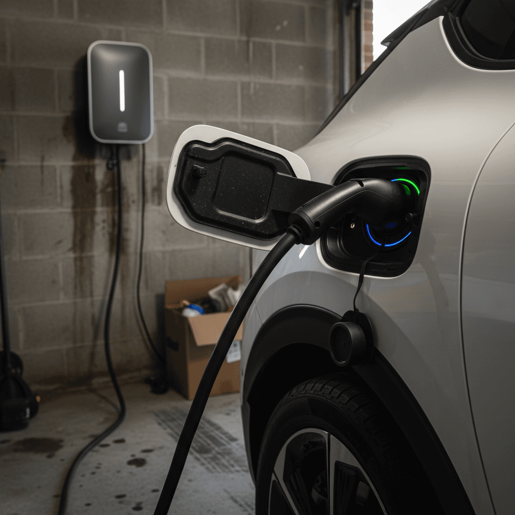 Kia EV6 plugged into a wall-mounted Level 2 home charger in a modern garage