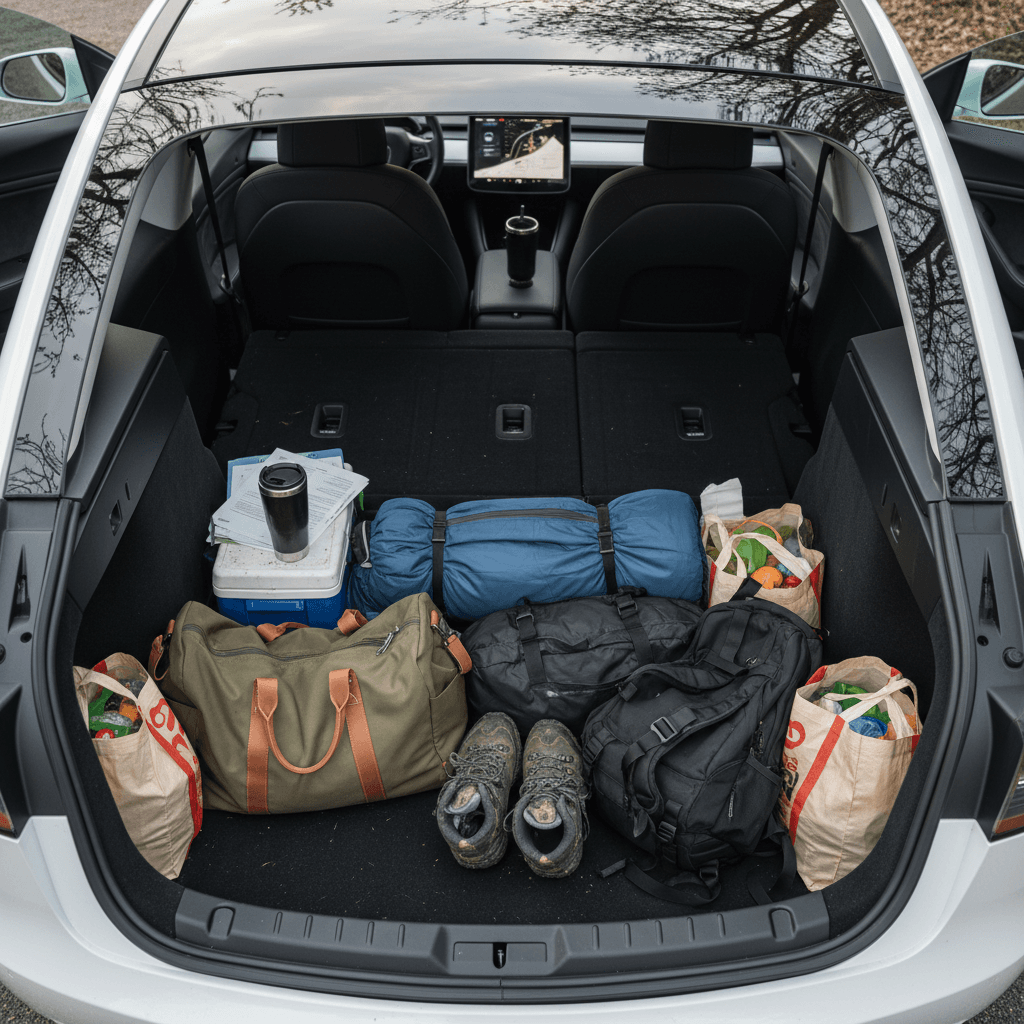 Tesla Model 3 with rear seats folded flat showing extended cargo area from trunk into cabin