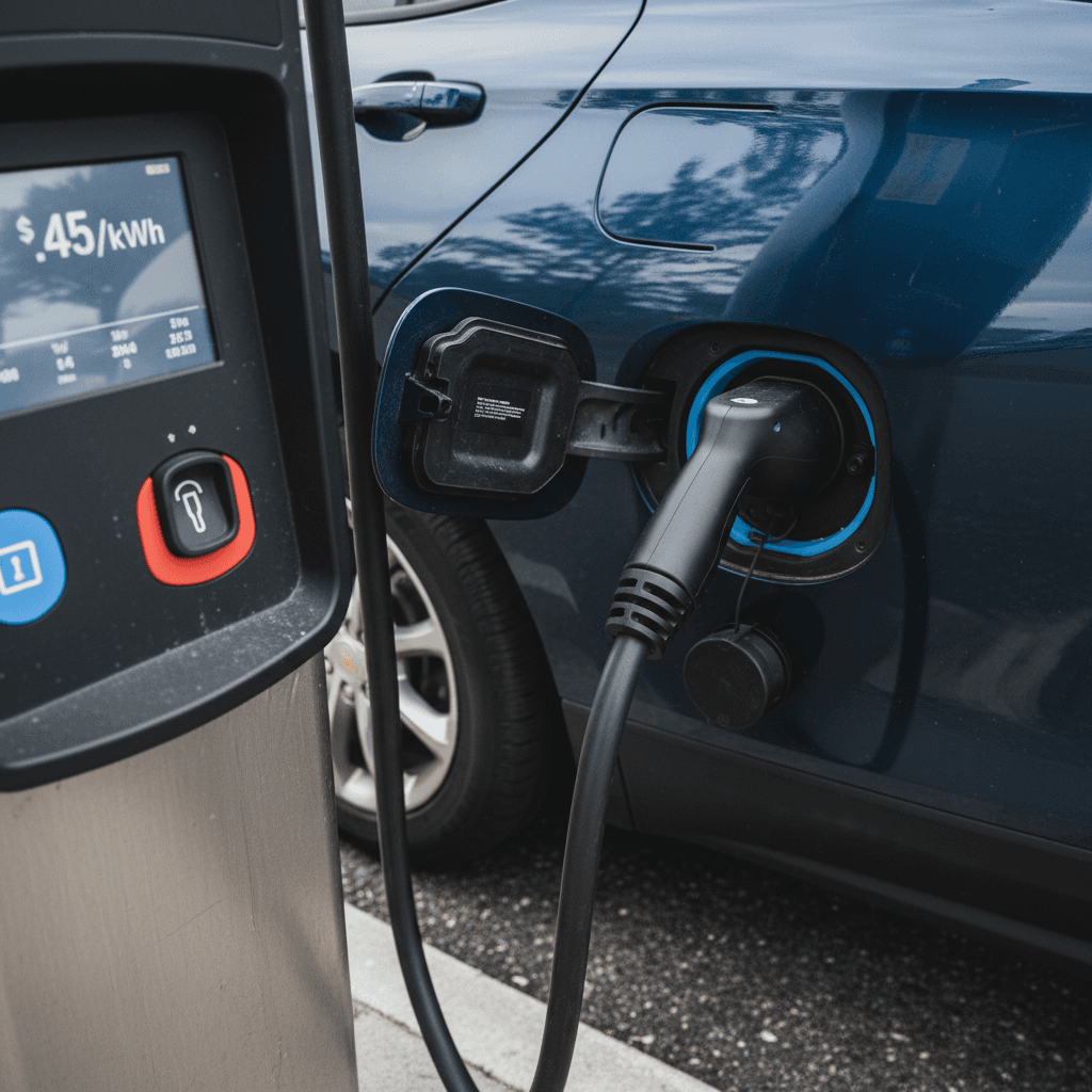 Chevrolet Equinox EV plugged into a public DC fast charger showing price per kilowatt-hour on the display