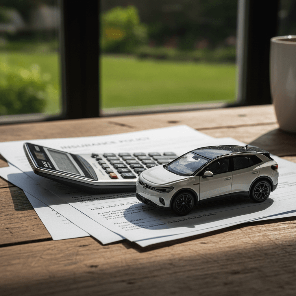 Insurance paperwork, calculator, and a small crossover EV model representing a Volkswagen ID.4