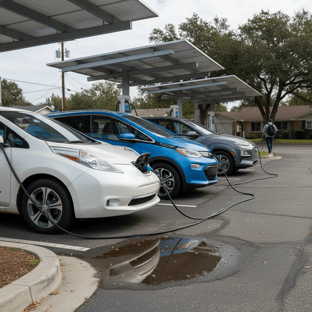 Row of affordable compact electric cars and small SUVs parked at a public charging hub