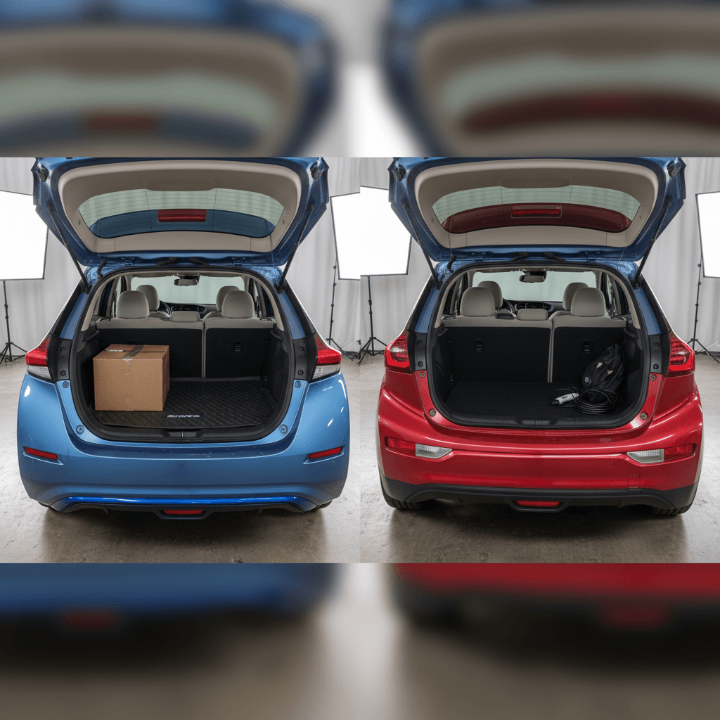 Side-by-side interior and cargo area comparison of a Nissan Leaf and Chevy Bolt EV, showing hatchback practicality for families and commuters