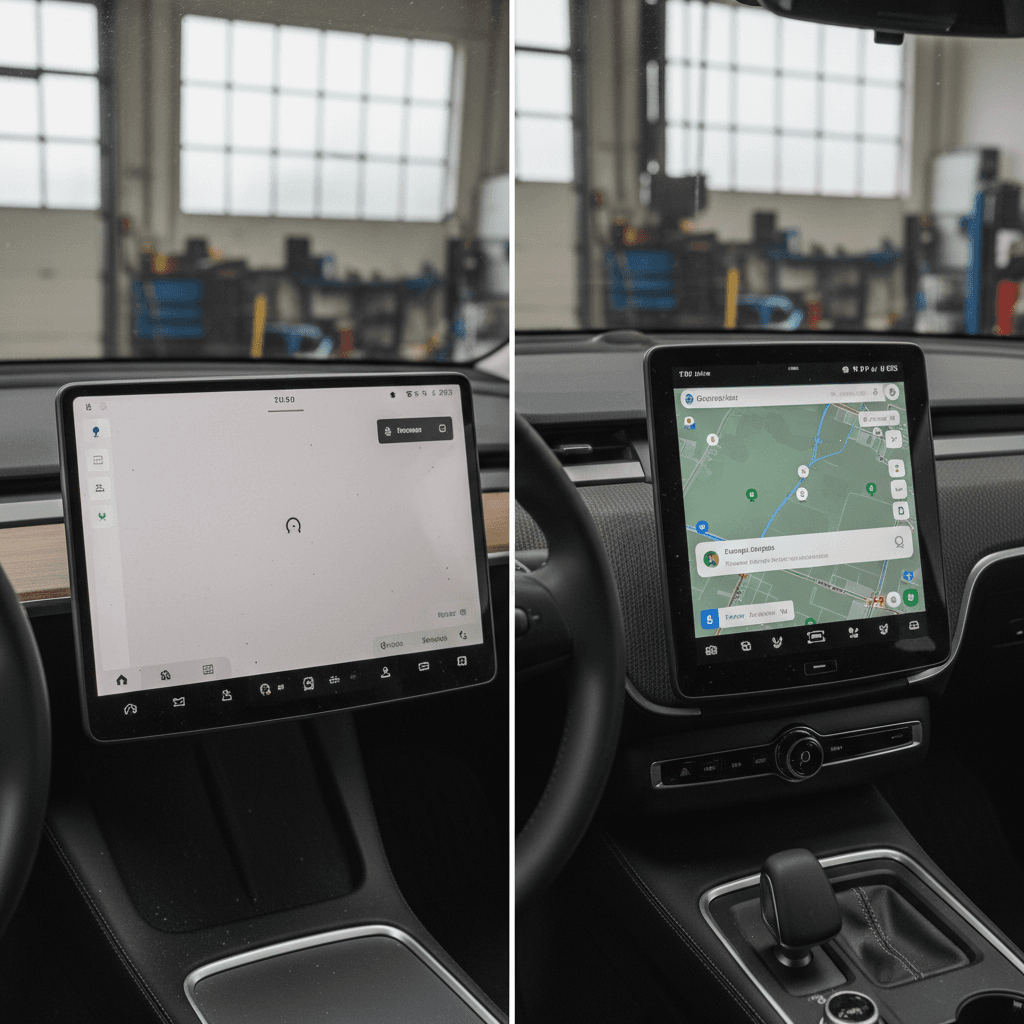 Side by side interiors of a Tesla Model 3 and Polestar 2 highlighting touchscreen layouts and materials