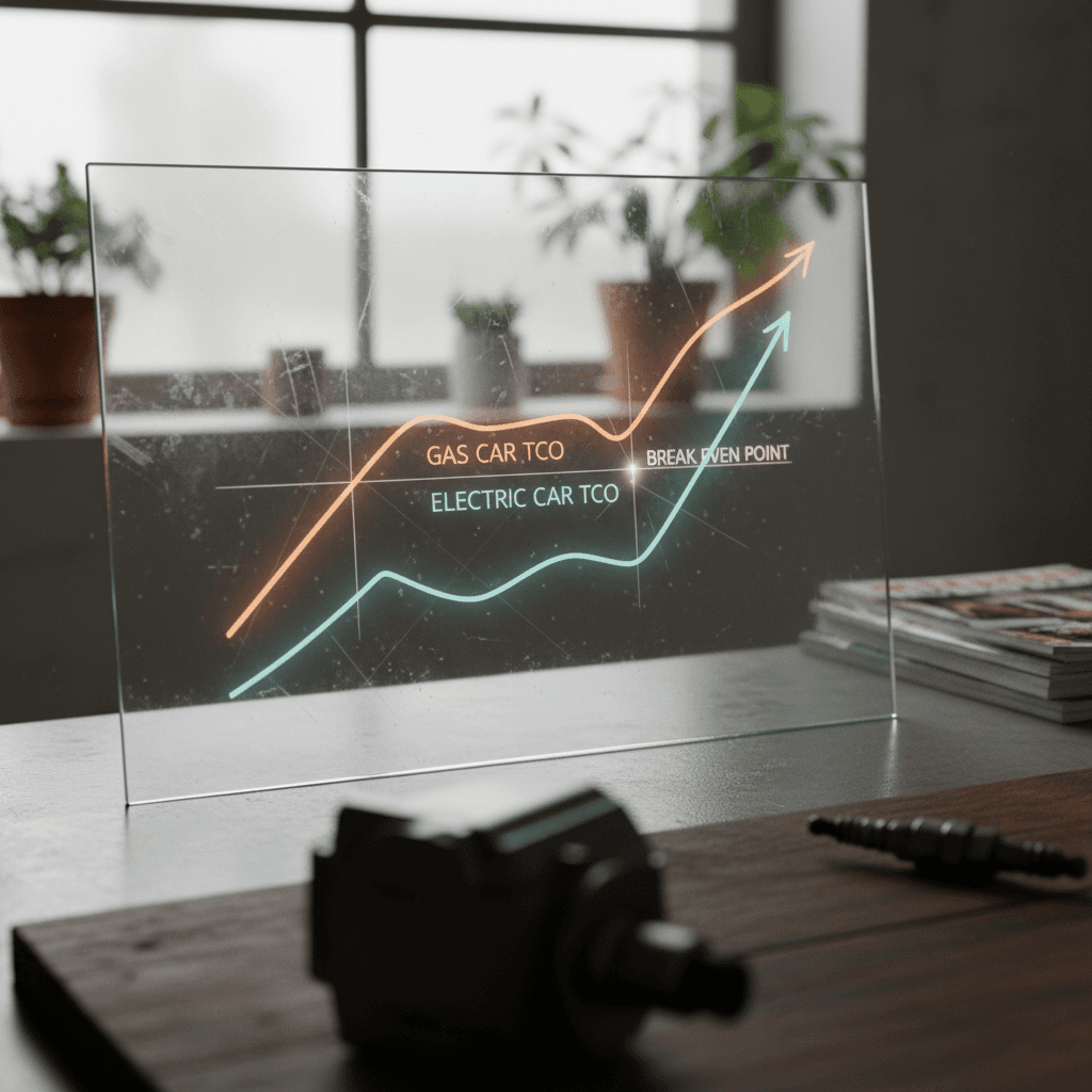 Line chart showing total ownership cost over time for a gas car and an electric car, with the EV line crossing below the gas line at the break even point
