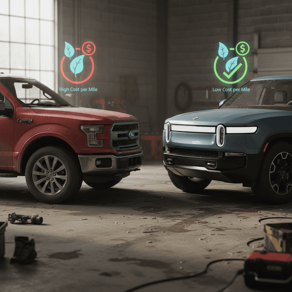 Side-by-side comparison of a gas pickup and an electric pickup with icons showing cost per mile over each truck
