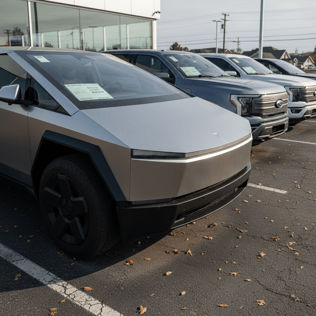 Used Tesla Cybertruck parked among other pickup trucks on a dealer lot, illustrating 2025 resale values