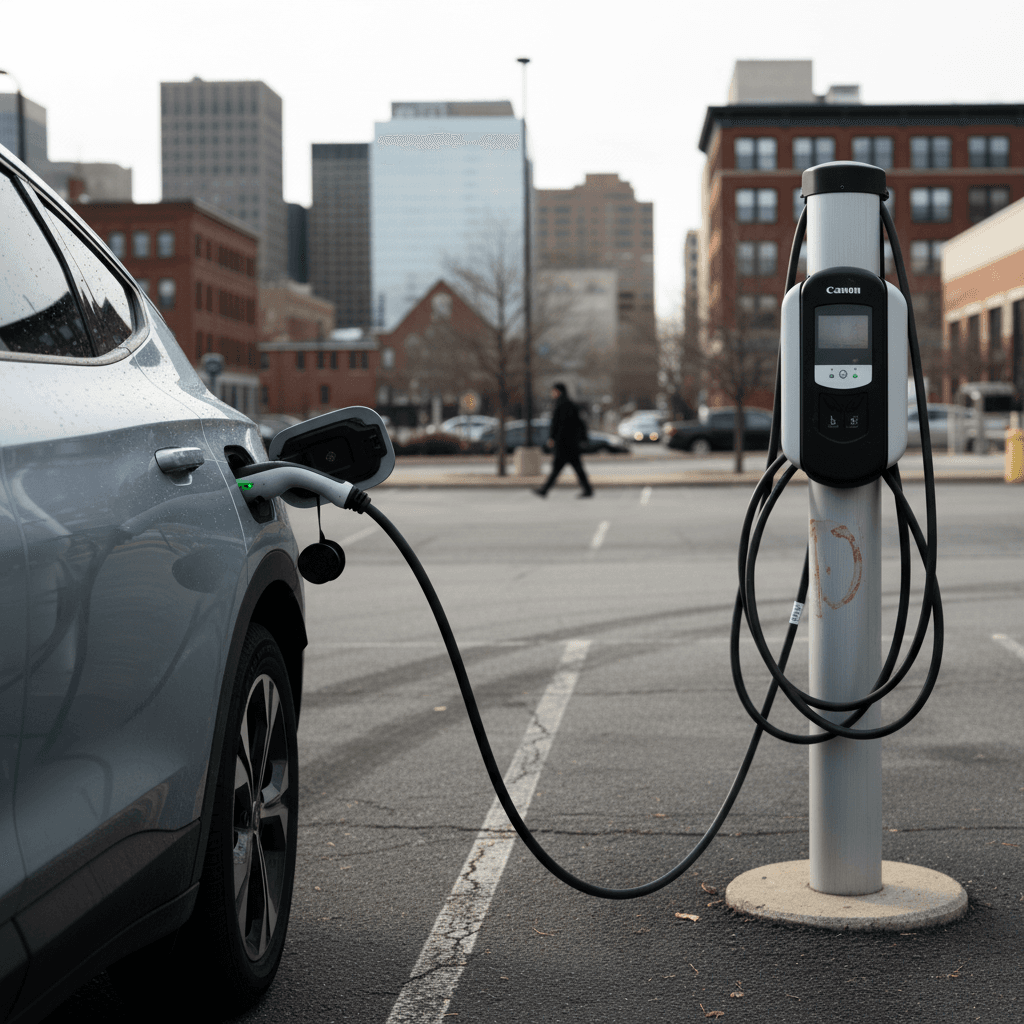 Electric vehicle plugged into a public Level 2 charger in a Newark, NJ parking lot during daytime