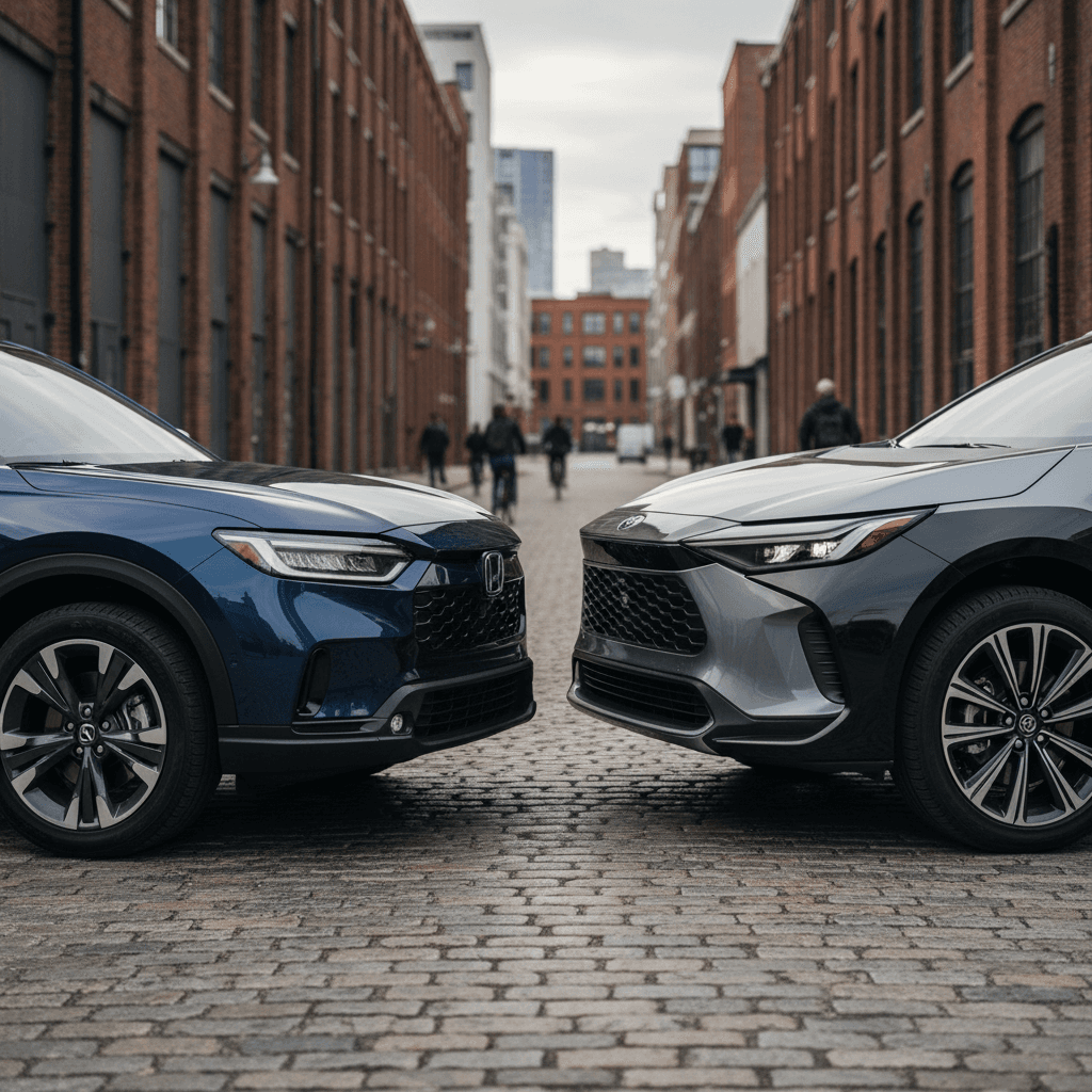 Side-by-side Honda Prologue and Toyota bZ4X parked in a city, highlighting their size and design differences