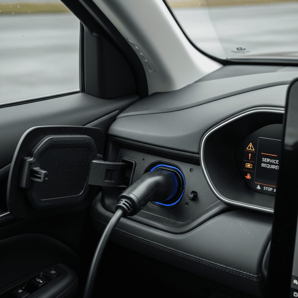 Detail of Ford Mustang Mach-E charging port and digital instrument cluster with warning lights illuminated
