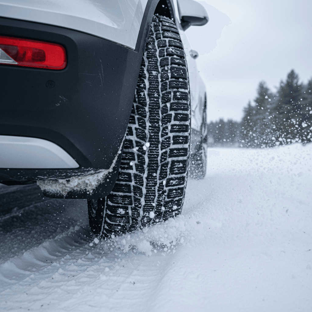 Volvo C40 Recharge driving through fresh snow with close-up on winter tires and slush for traction