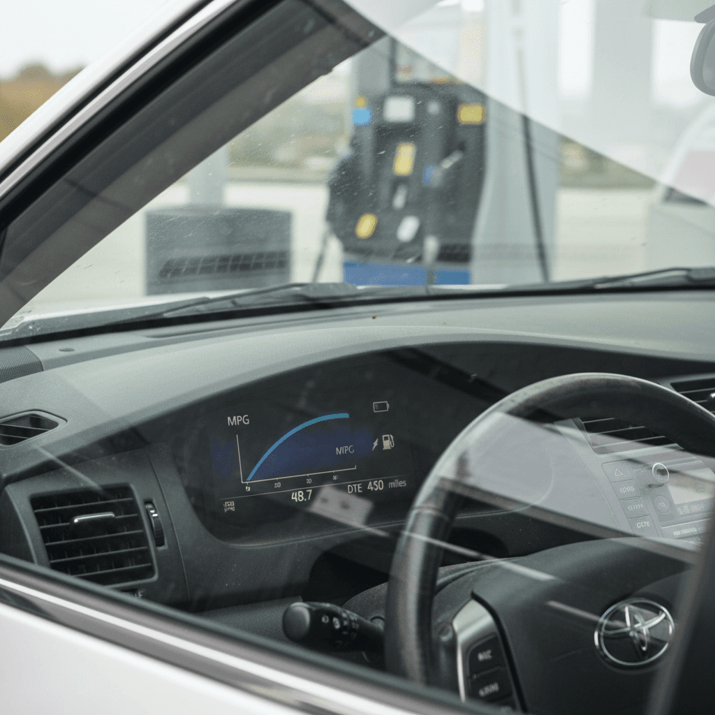 Hybrid car dashboard displaying real-time fuel economy and trip MPG