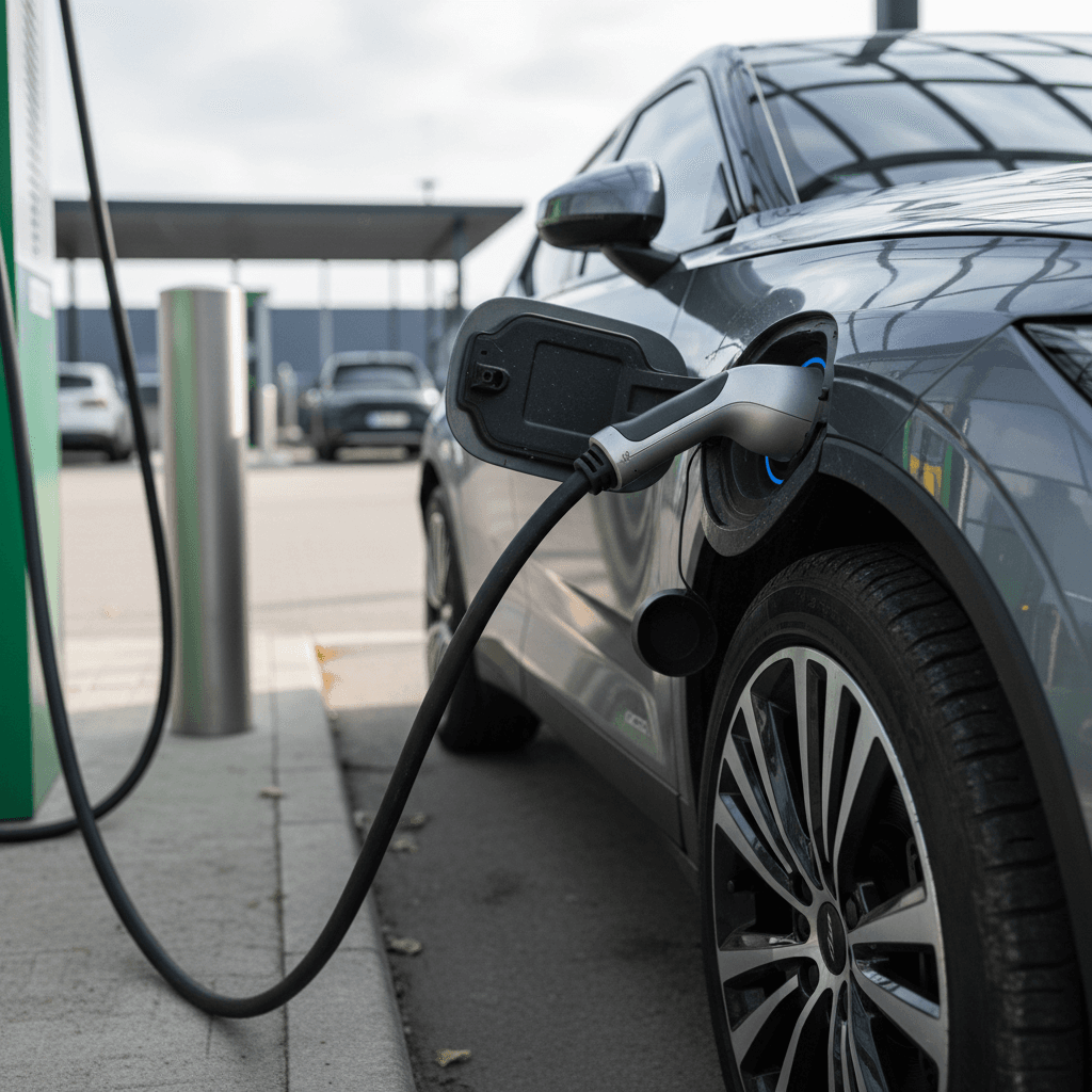 Polestar 2 charging at a public DC fast charger with cables connected at the rear fender