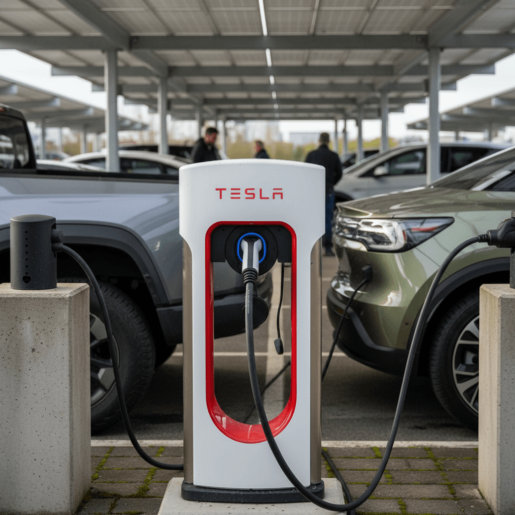 Electric SUV plugged into a home charger in a suburban driveway