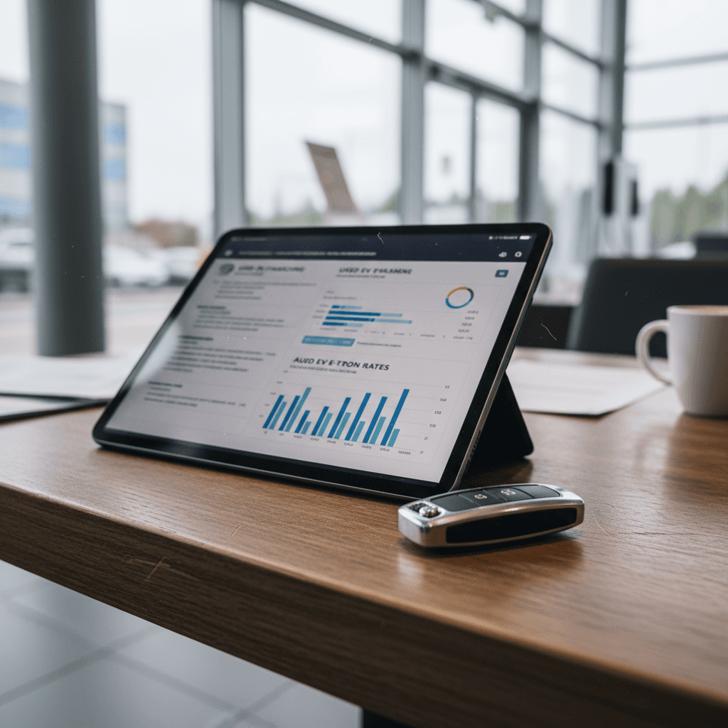 Person reviewing used EV financing options on a tablet next to paperwork and key fob for a luxury electric SUV