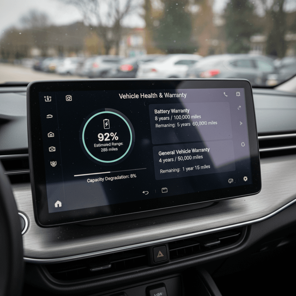 Driver reviewing Rivian warranty and service information on the in-car touchscreen while parked